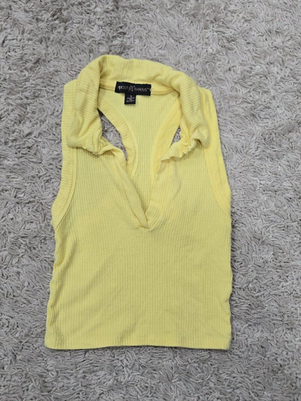 🍋 Y2K Almost Famous Pastel Yellow Ribbed Halter Neck Polo Top (Size S)